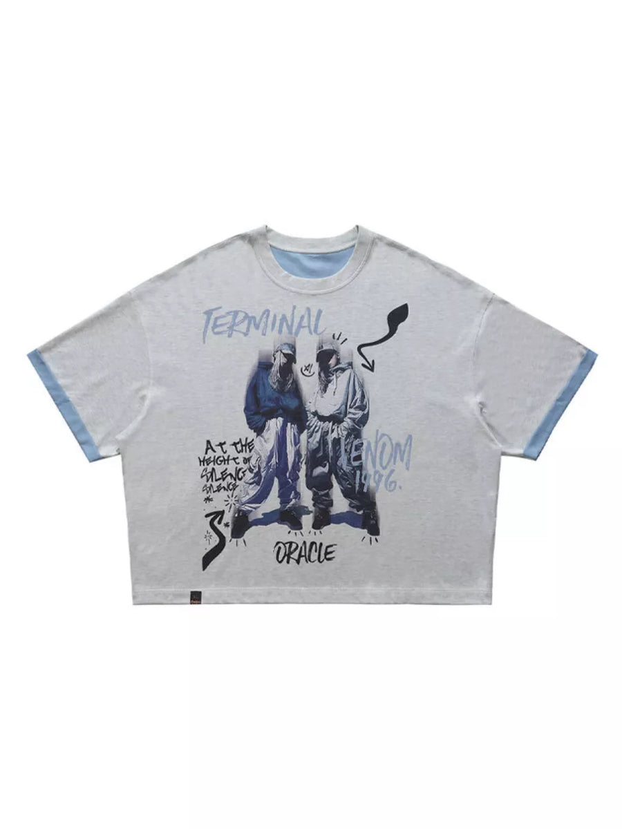 light blue t-shirt featuring stretch and graphic print