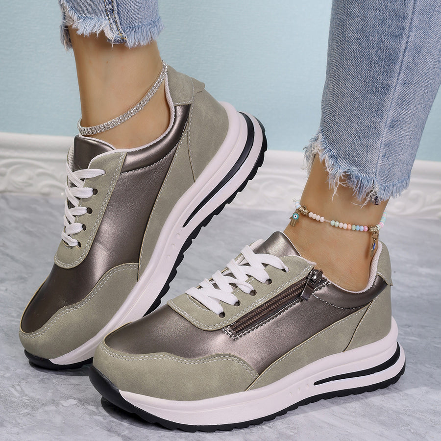 Zipper detail lace up sneakers in champagne with a chunky sole.