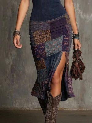 Slit Printed Sleeveless Midi Dress in Burgundy with side slit