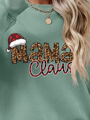 Sage crewneck sweatshirt with leopard print "Mama" and plaid "Claus" text, Santa hat detail.