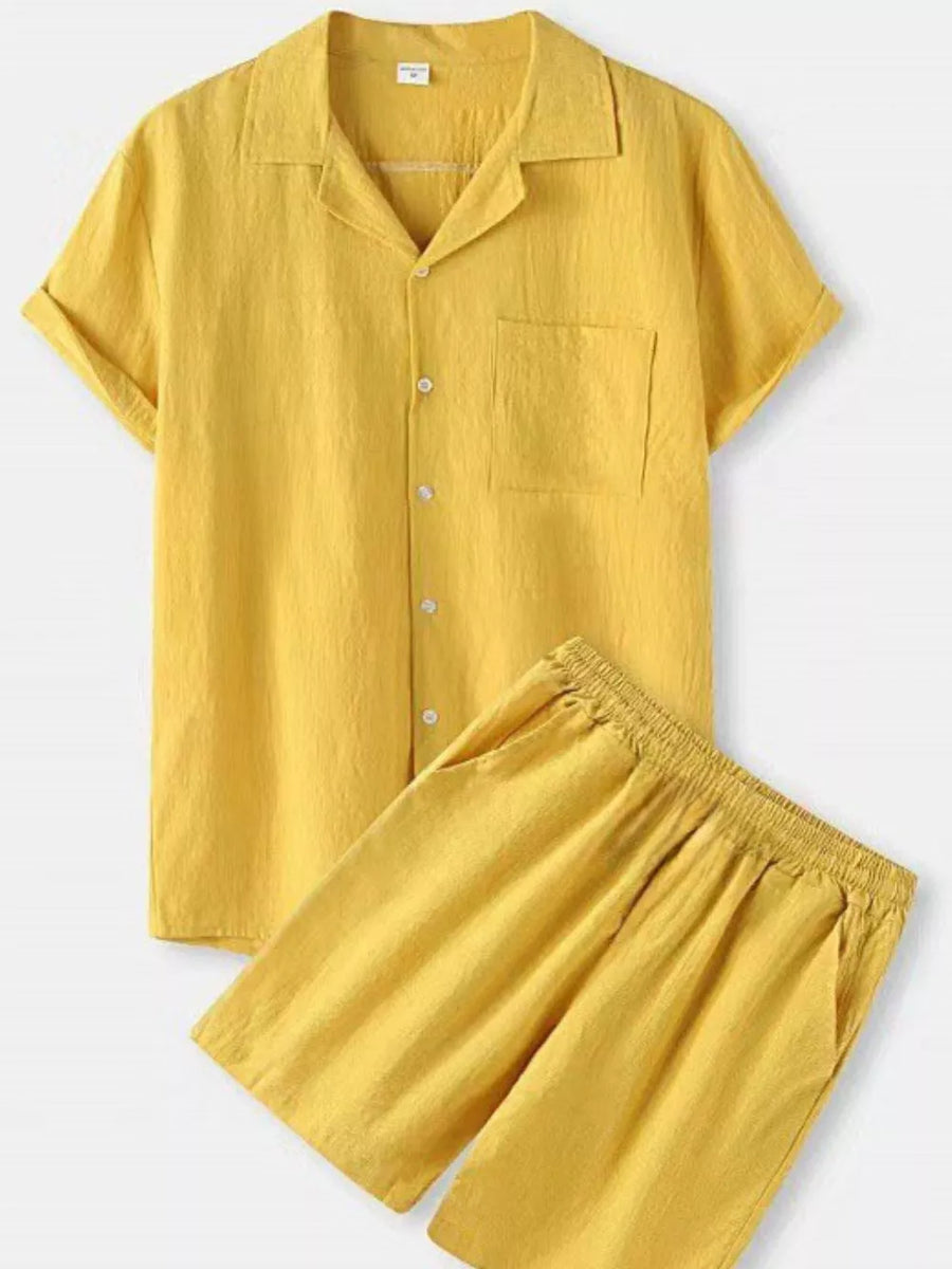 Yellow linen blend short sleeve camp collar shirt and drawstring shorts set