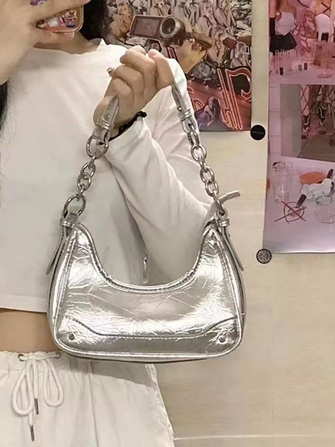 Silver PU leather mini shoulder bag with chain strap