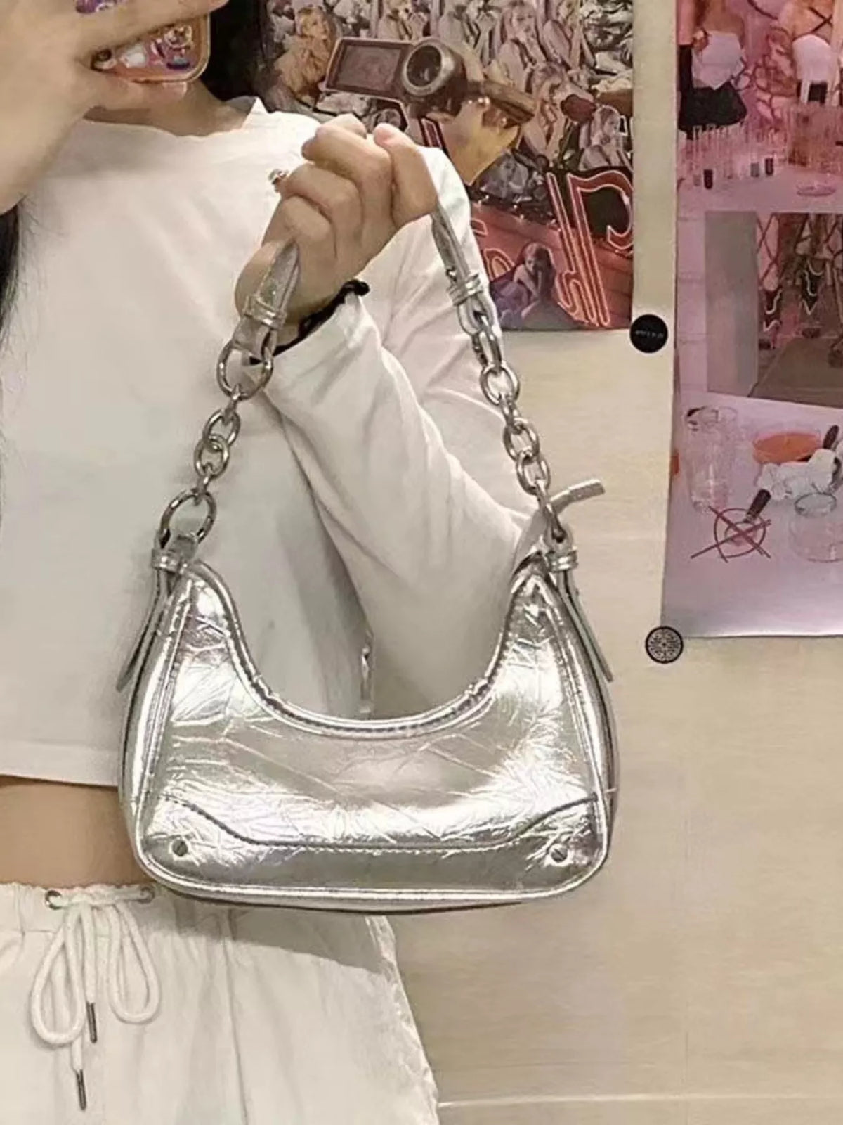 Silver PU leather mini shoulder bag with chain strap