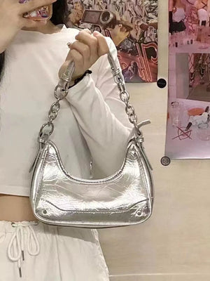 Silver PU leather mini shoulder bag with chain strap