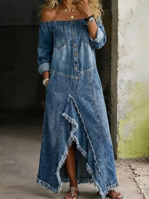 maxi dress in medium wash denim blue featuring raw hem and A-line fit