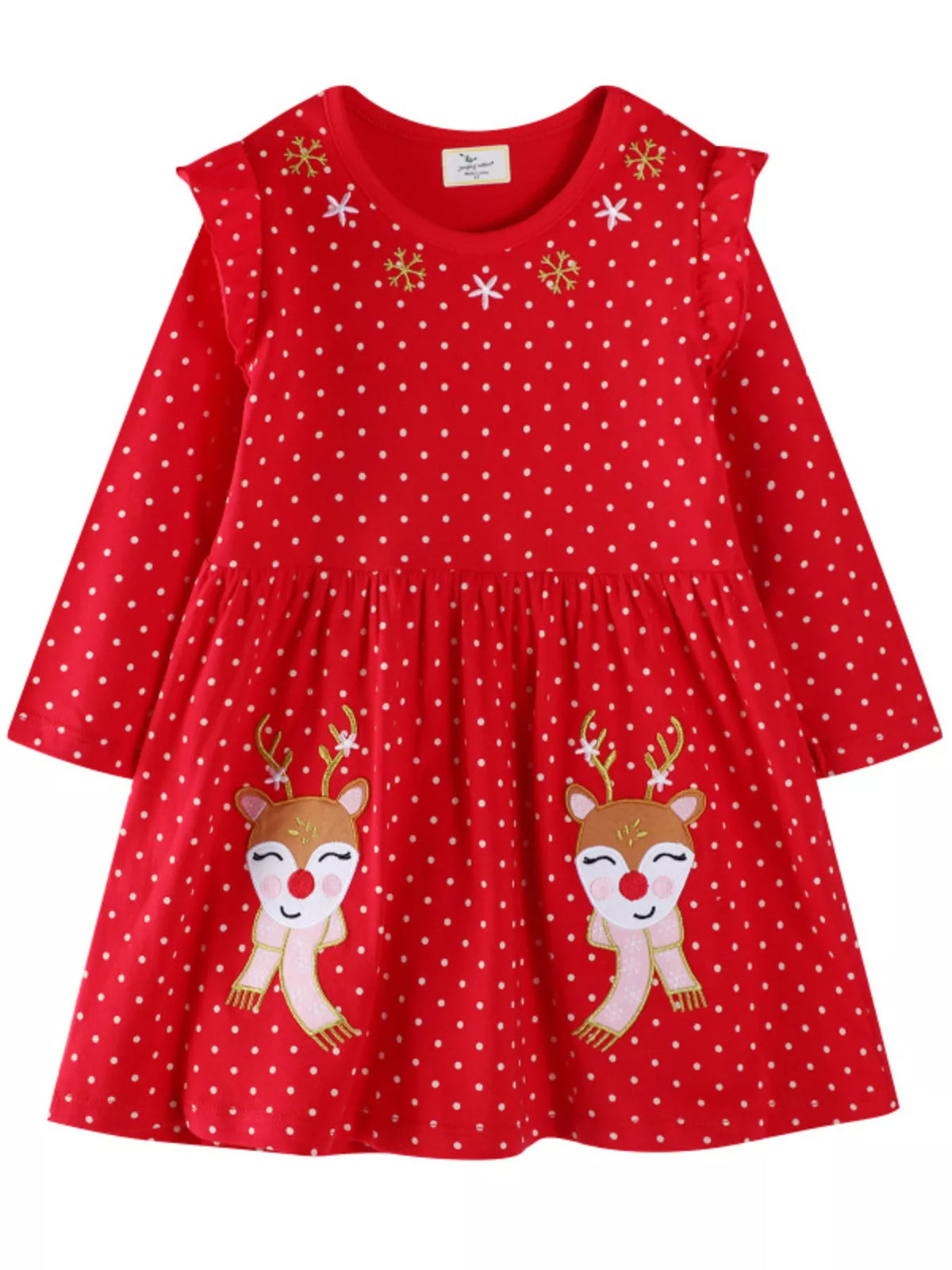 Red polka dot long sleeve baby dress with cute reindeer applique and ruffled shoulders.