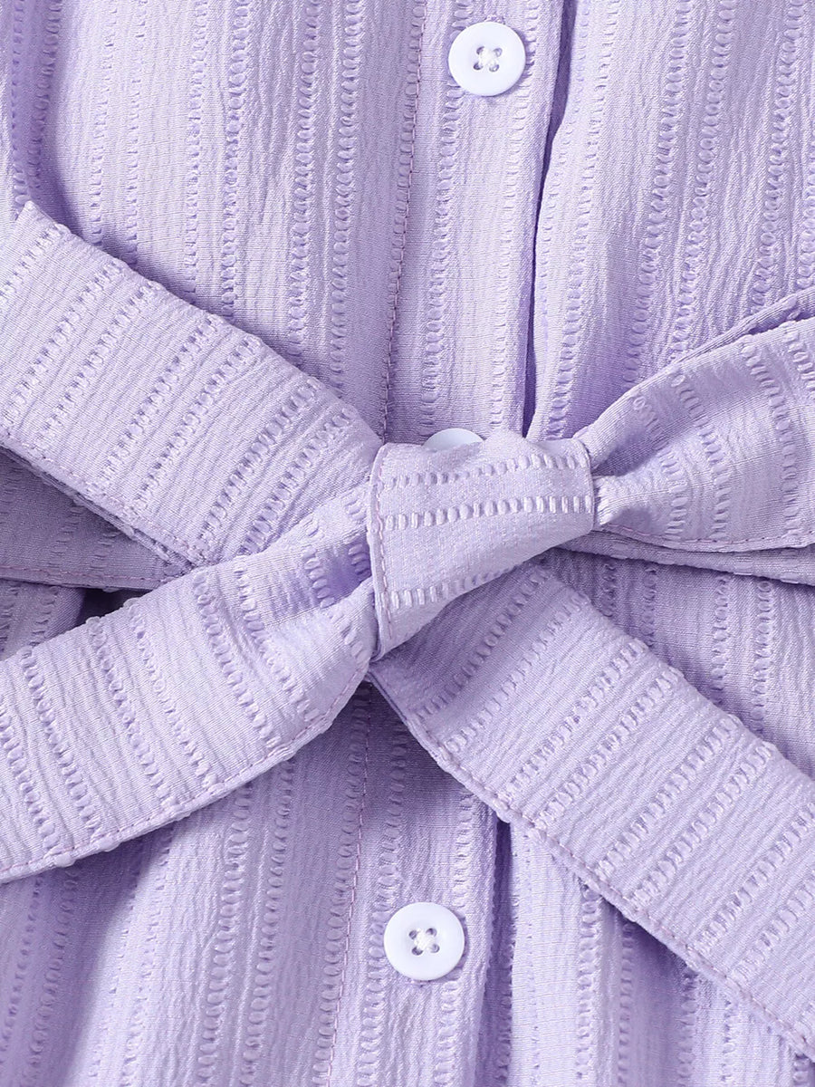 Light Purple, Children's Ruffled Bow Long Sleeve Dress in Light Purple