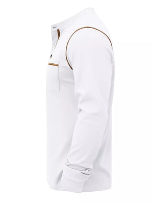 White long sleeve henley t-shirt with pocket detail and contrast trim