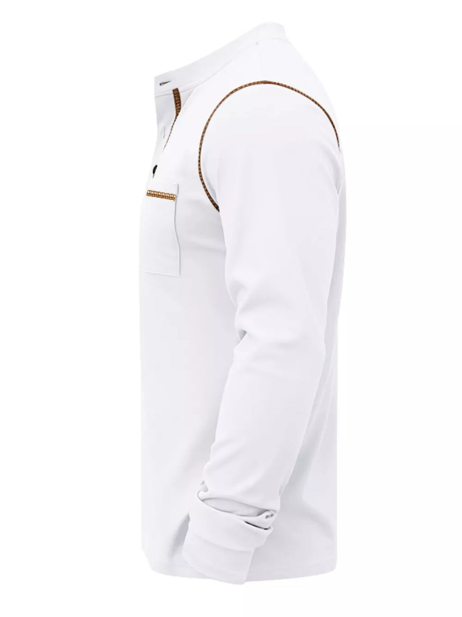 White long sleeve henley t-shirt with pocket detail and contrast trim