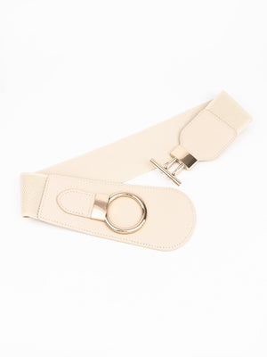 Cream elastic waist belt with gold ring and T-bar buckle closure