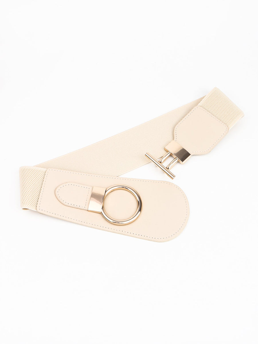 Cream elastic waist belt with gold ring and T-bar buckle closure