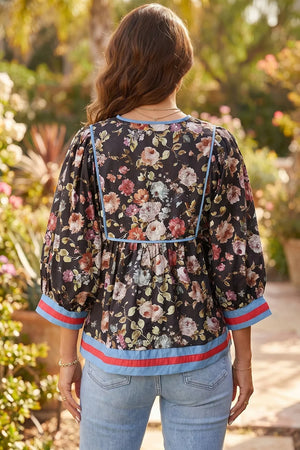 Floral with Floral Print Contrast Trim Tie V Neck Blouse in Floral