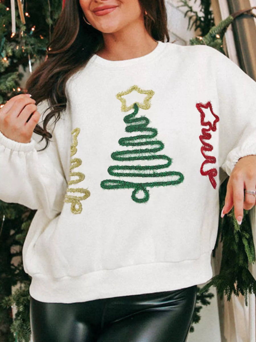 White embroidered Christmas tree sweatshirt with glitter accents.