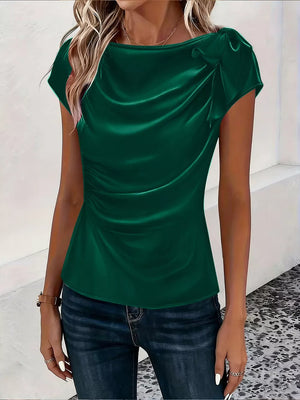Burgundy Ruched Short Sleeve Satin Top