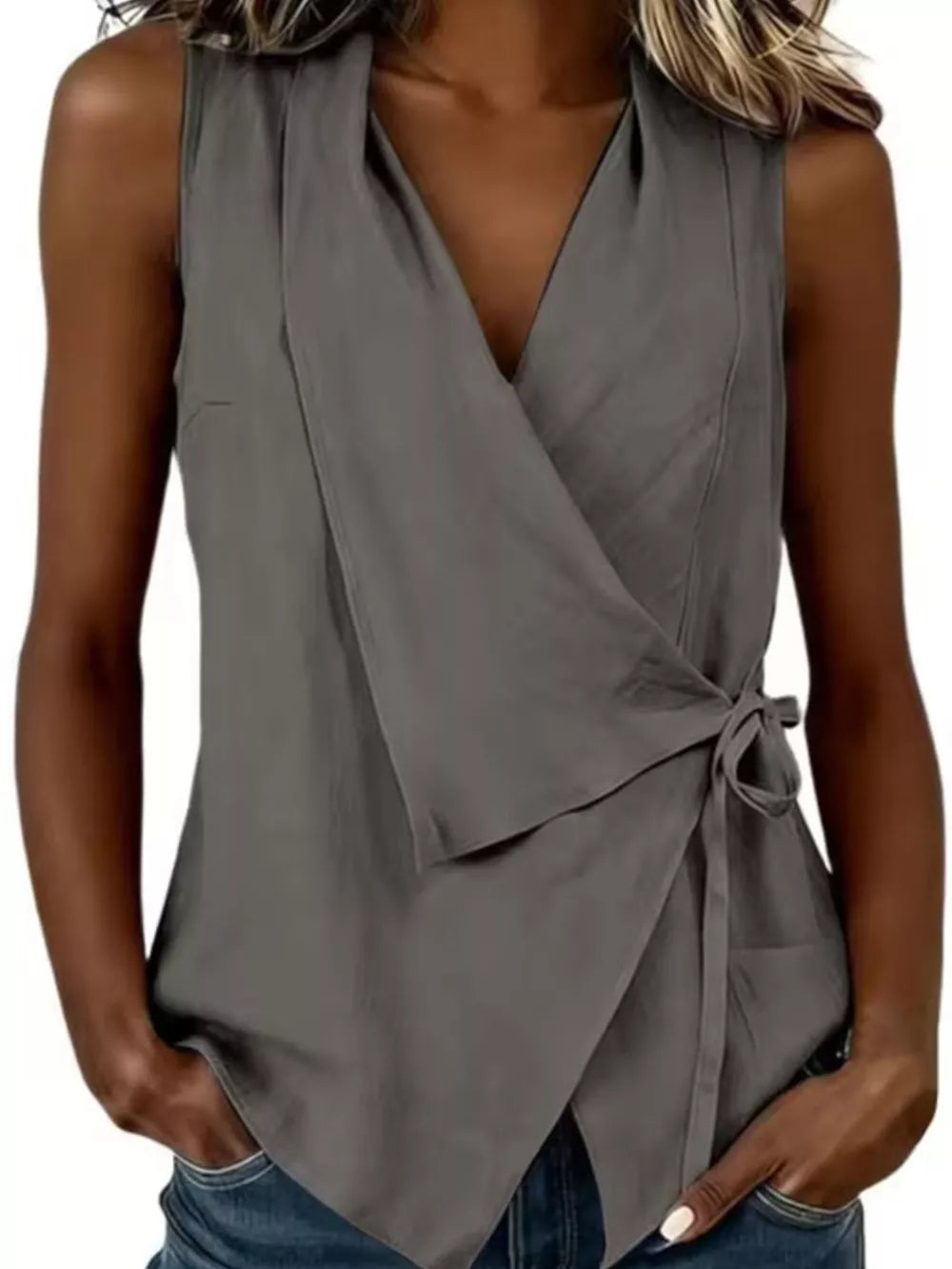 Tie Detail Sleeveless Top in Black with tied