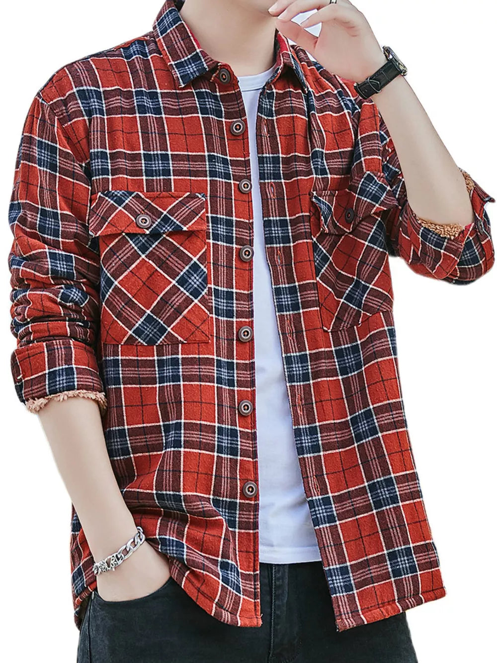 Men's red and blue plaid cotton button-up shirt with two chest pockets.