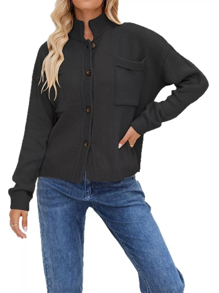 Apricot cardigan with hip-length and button-front