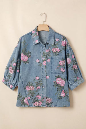Denim button-up blouse with pink floral print, puff sleeves, and chest pocket.