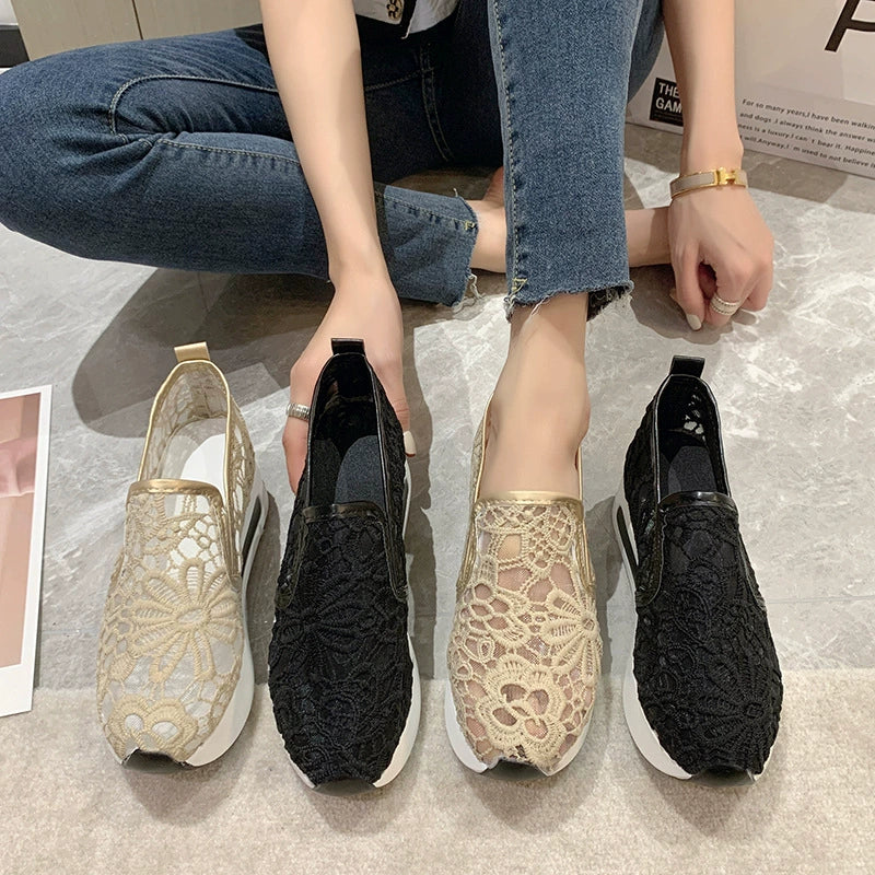 Lace mesh slip-on flats in khaki and black with comfortable platform soles.