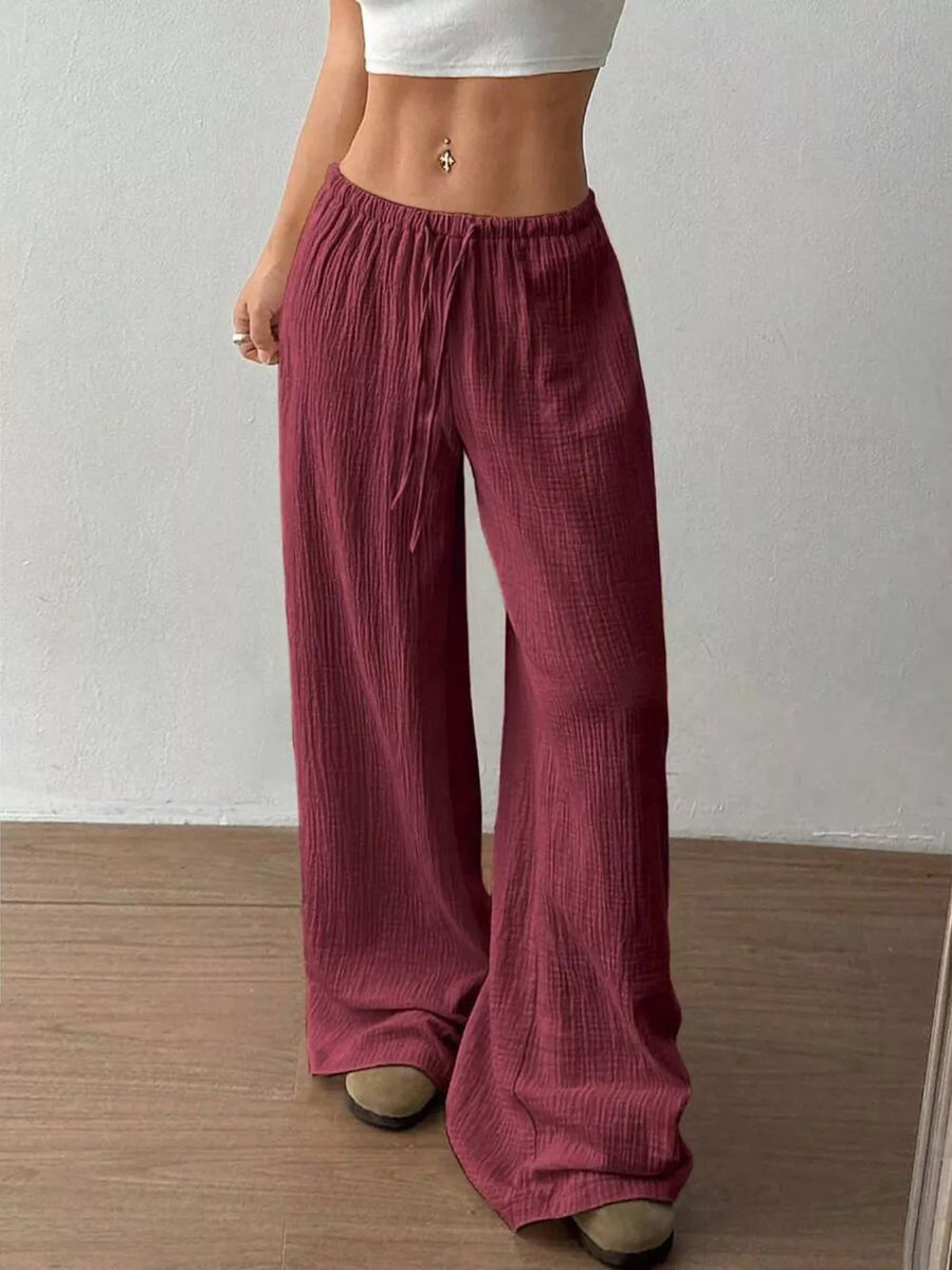 Wide-leg Drawstring Cotton Pants in Deep Red