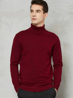 Men's deep red turtleneck sweater with ribbed cuffs and hem.