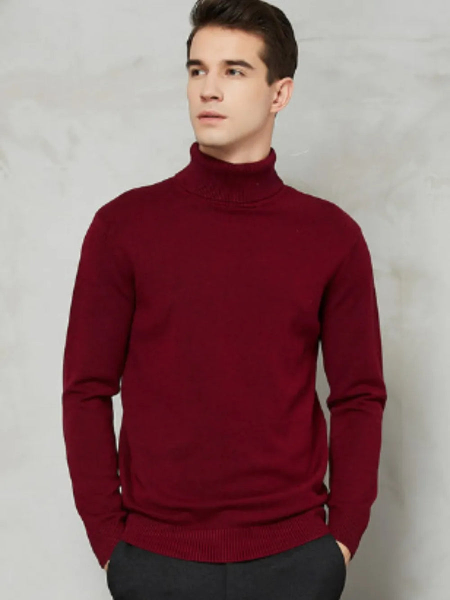 Men's deep red turtleneck sweater with ribbed cuffs and hem.