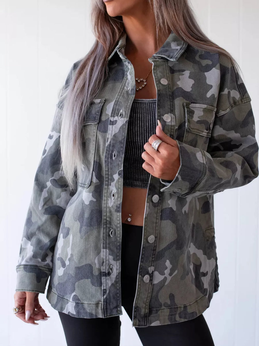 50%cotton, 50%spandex Care instructions: Machine wash cold denim jacket in gray with relaxed silhouette