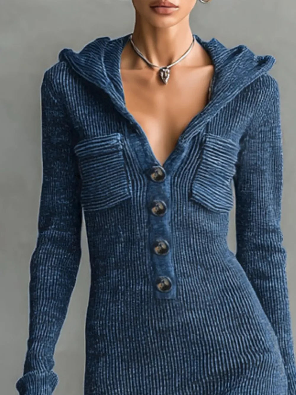 Navy Hooded Knit Maxi Sweater Dress