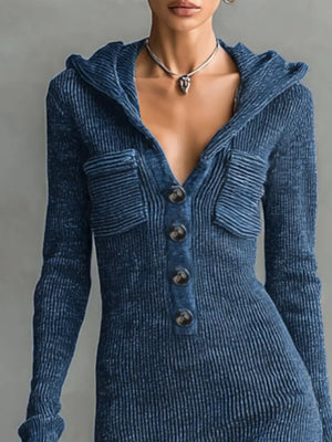 Navy Hooded Knit Maxi Sweater Dress