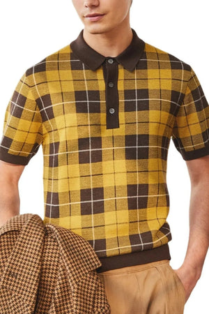 Checked knit polo with contrast trim in plaid, featuring a buttoned neckline and short sleeves.