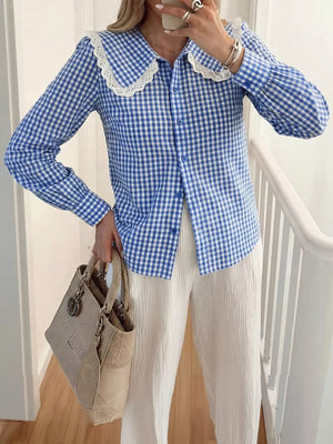 black button-up shirt with lace trim and long sleeve