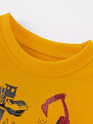 Mustard yellow baby sweatshirt with cartoon construction vehicles.