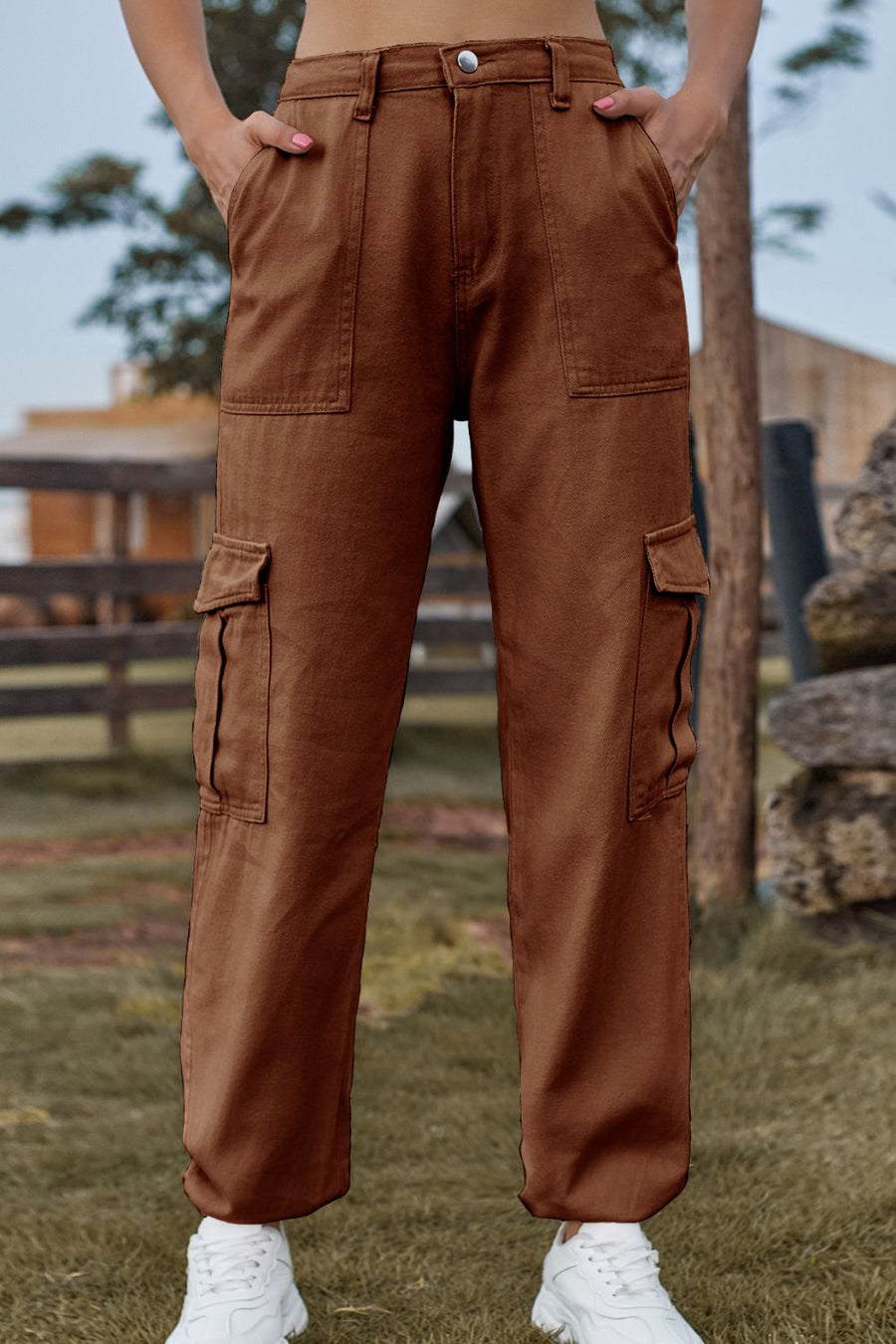 Brown utility cargo pants with multiple pockets and a relaxed fit.