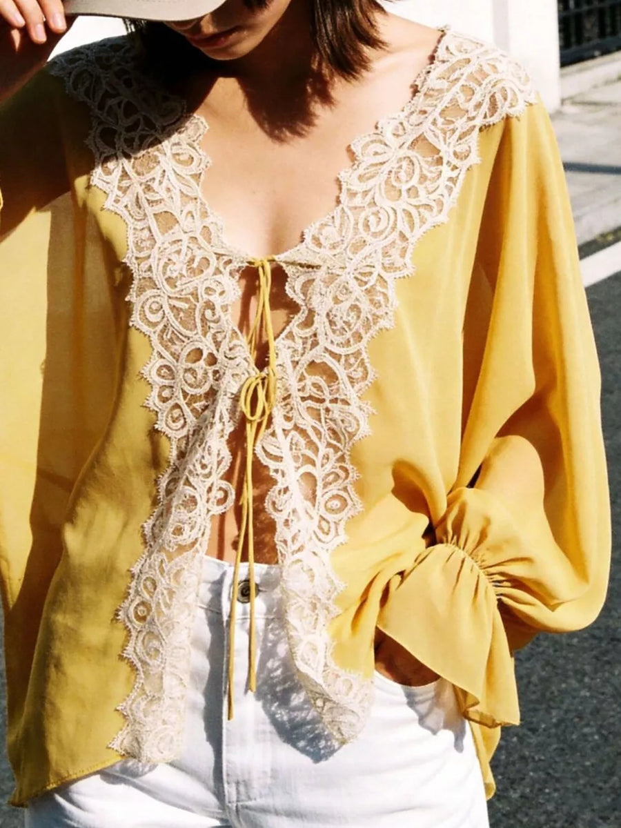 Wine Red Sheer Lace-trimmed Front Tie Blouse