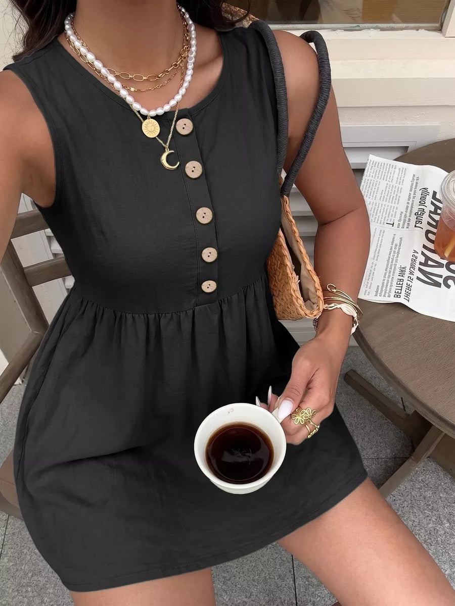 Black cotton A-line dress with button detail and scoop neck