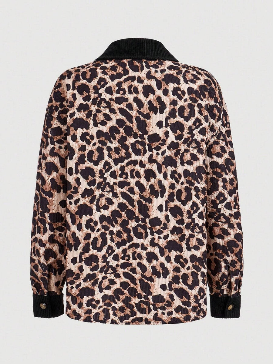 Leopard corduroy utility shirt jacket with black corduroy collar and cuffs.