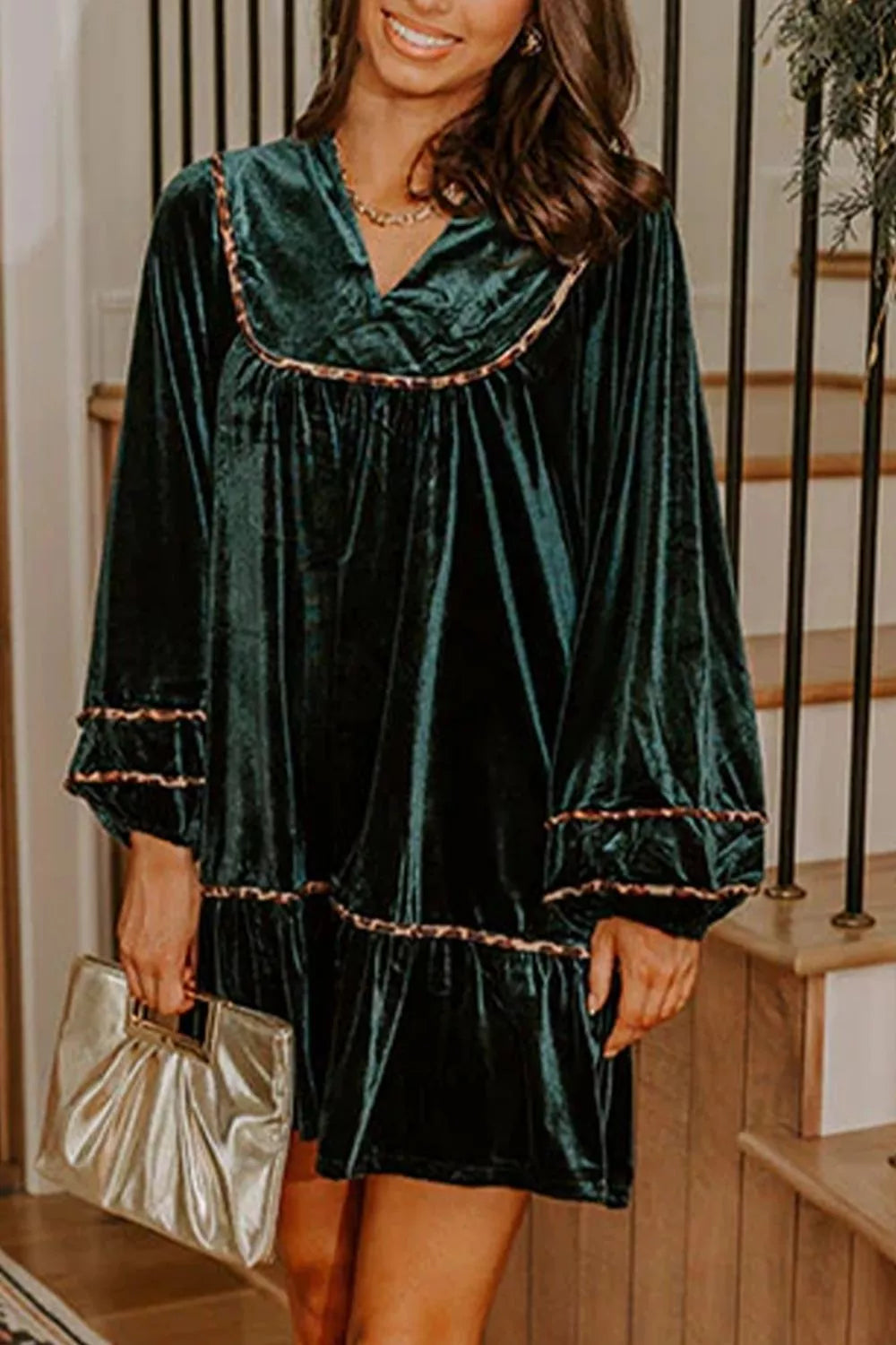 glam shift dress in Black Forest with v-neck