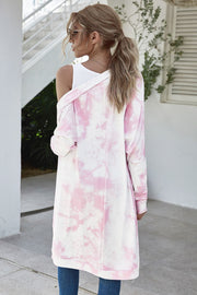 Blush pink and white tie-dye duster cardigan with long sleeves and an open front.