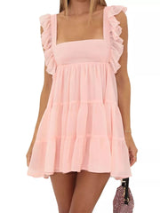 Pink ruffled square neck mini dress with tiered skirt and flutter sleeves.