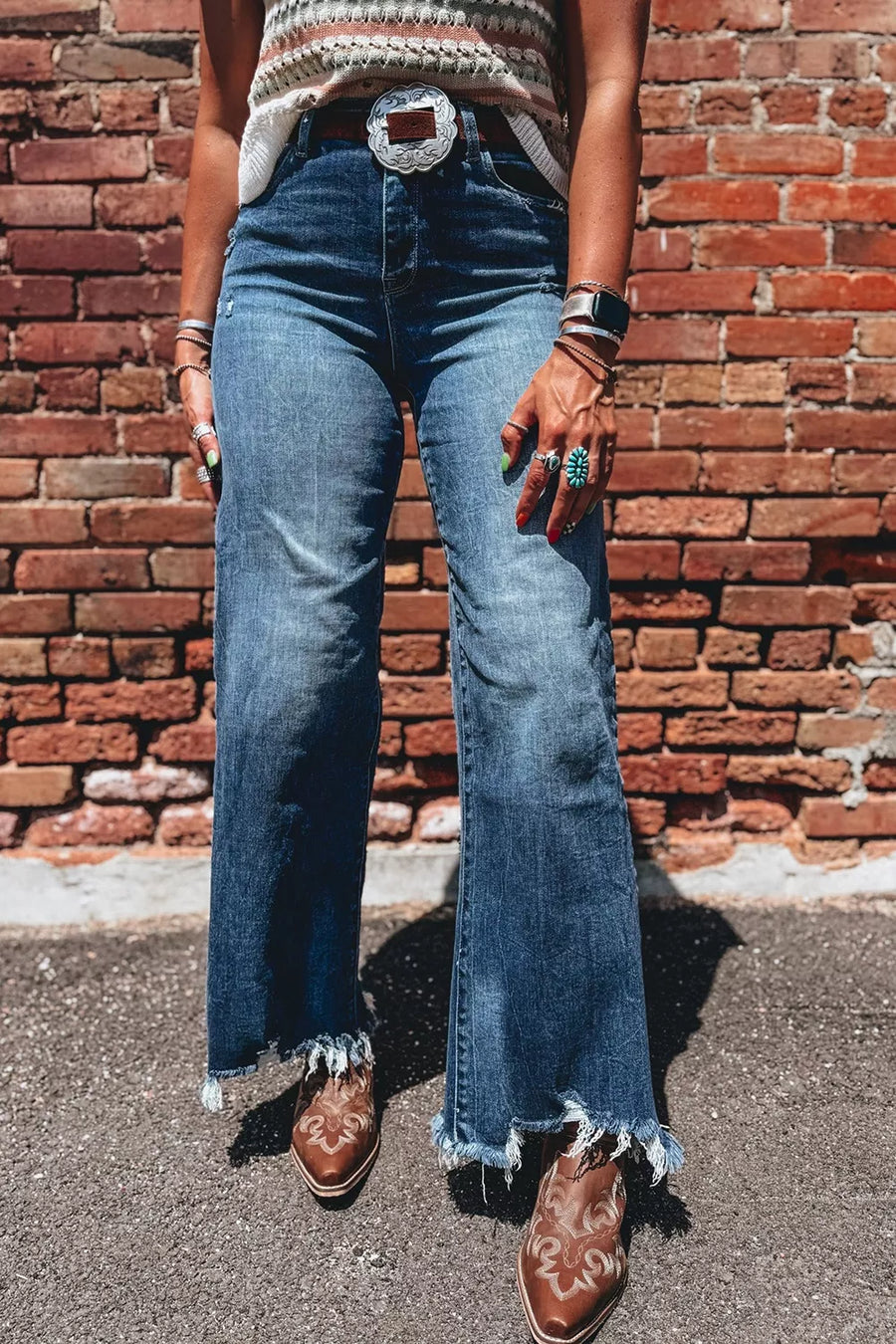 High Waist Frayed Hem Flare Jeans option 5