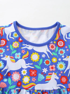 Blue unicorn and flower print dress with round neckline