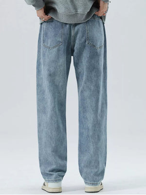 Light blue 100% cotton men's loose-fit jeans with drawstring waist and back pockets.