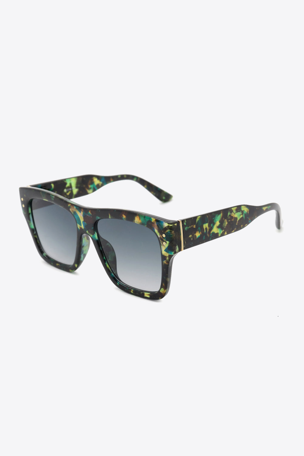 Prismatic square frame sunglasses with black and green tortoise pattern and gold accents.
