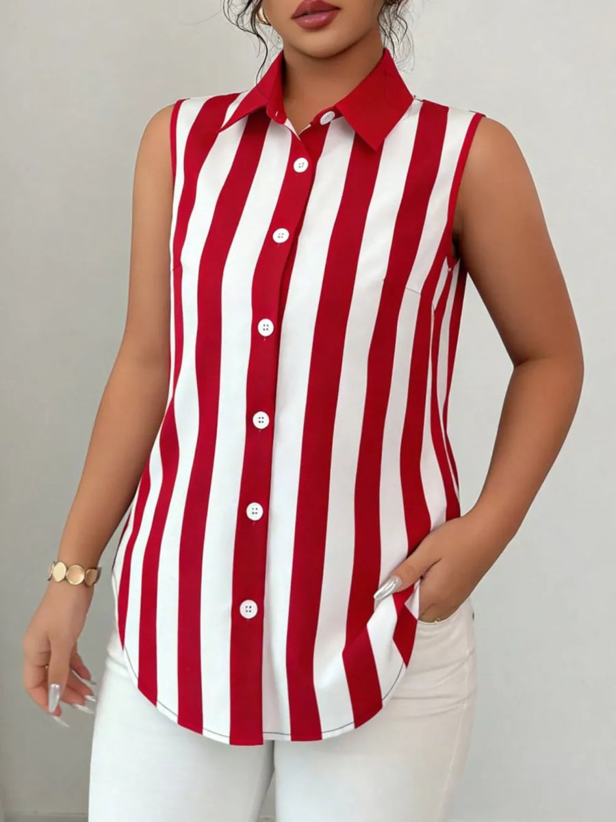 Sleeveless collared shirt with red and white vertical stripes and button front.