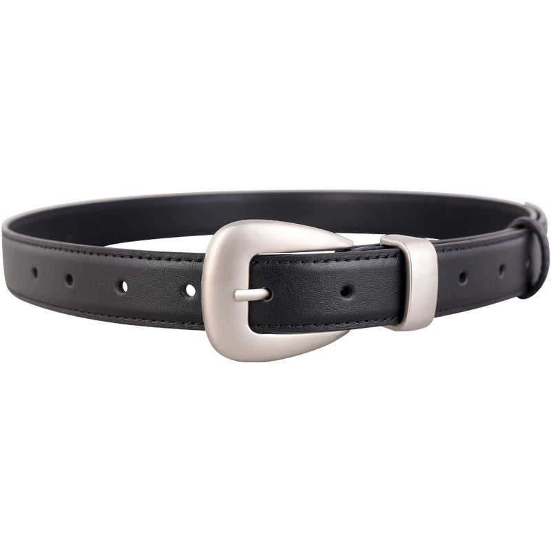 Black cowhide leather belt with silver buckle and keeper loop