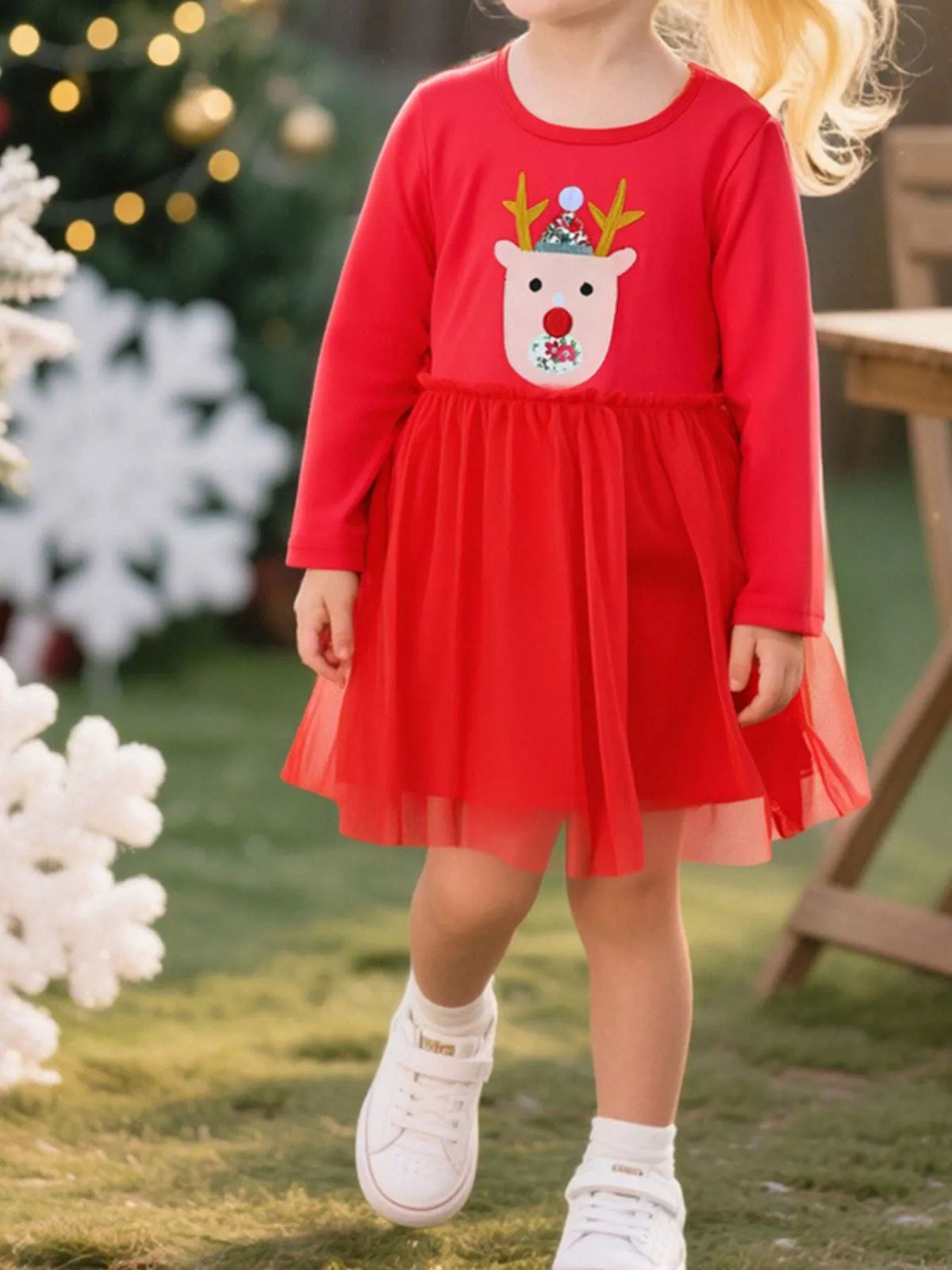 Red children's reindeer applique long sleeve tulle dress