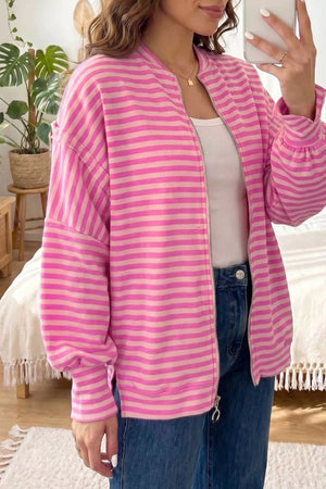 Striped Zip-up Loose Fit Hoodie in Pink
