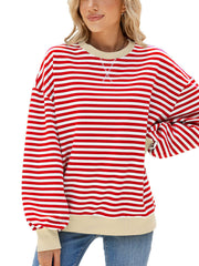 Striped crew neck sweatshirt with decorative stitching and beige trim.
