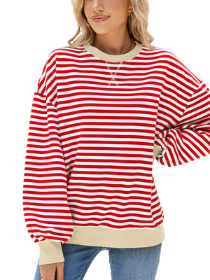 Striped crew neck sweatshirt with decorative stitching and beige trim.