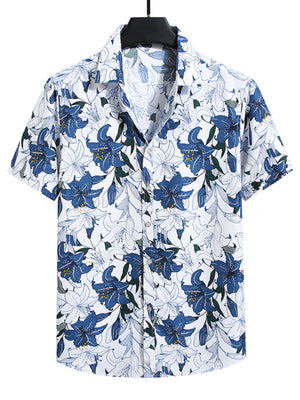 Men's short sleeve button-up shirt in white with a blue floral print